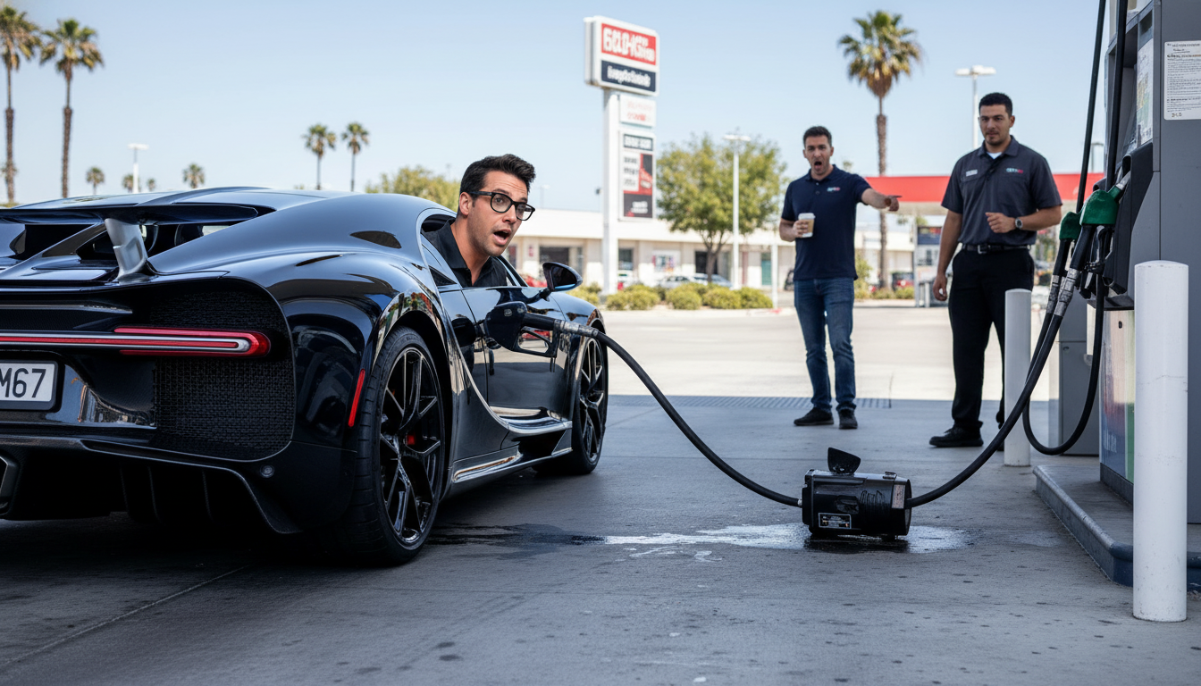 Una Bugatti Chiron riparte con la pompa della benzina attaccata: una distrazione costosa