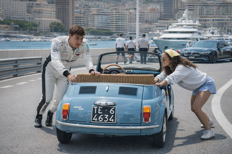 La sua FIAT 500 lo molla per strada a Monaco: il pilota di F1 costretto a spingerla con la fidanzata