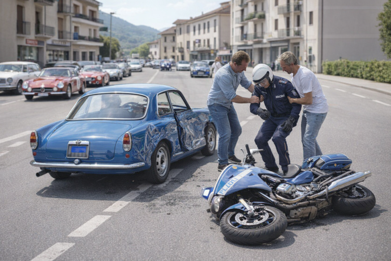 1000 Miglia, scontro tra un’auto e una moto della Polizia: chi ha ragione?