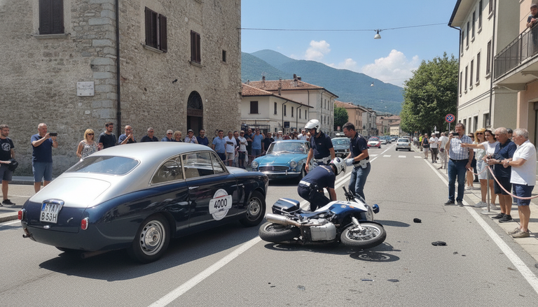 Incidente durante la Mille Miglia: vettura storica coinvolta con moto della Polizia