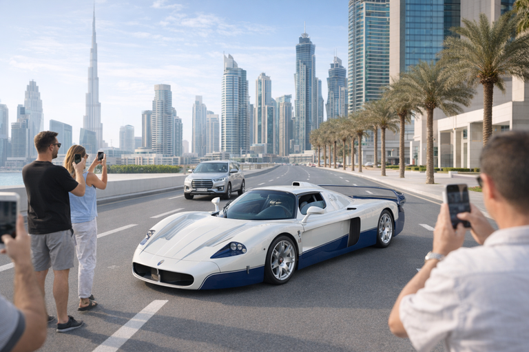 Un raro avvistamento della Maserati MC12 nel traffico di Dubai