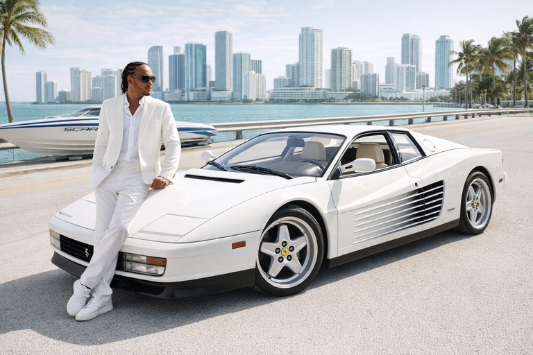 Hamilton ricrea il mito della Ferrari Testarossa a Miami, tra nostalgia e innovazione