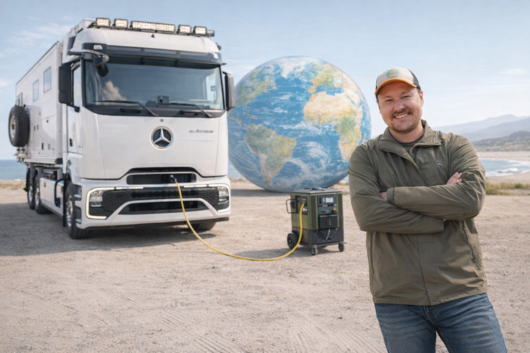 Un camion elettrico per la prima circumnavigazione del globo: la sfida di Tobias Wagner