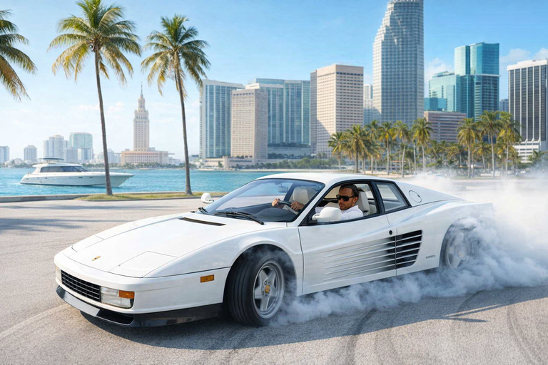 Lewis Hamilton celebra la Ferrari Testarossa in un tributo a Miami Vice