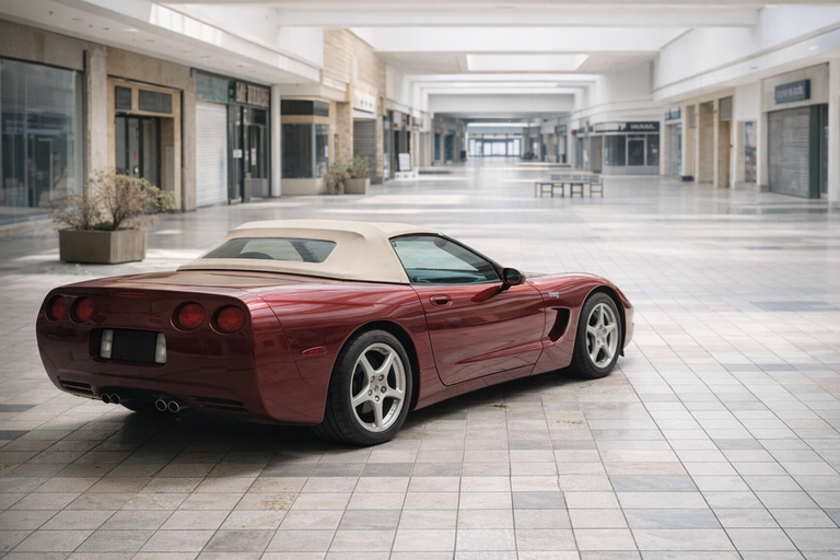 La Corvette abbandonata nel centro commerciale: simbolo della crisi