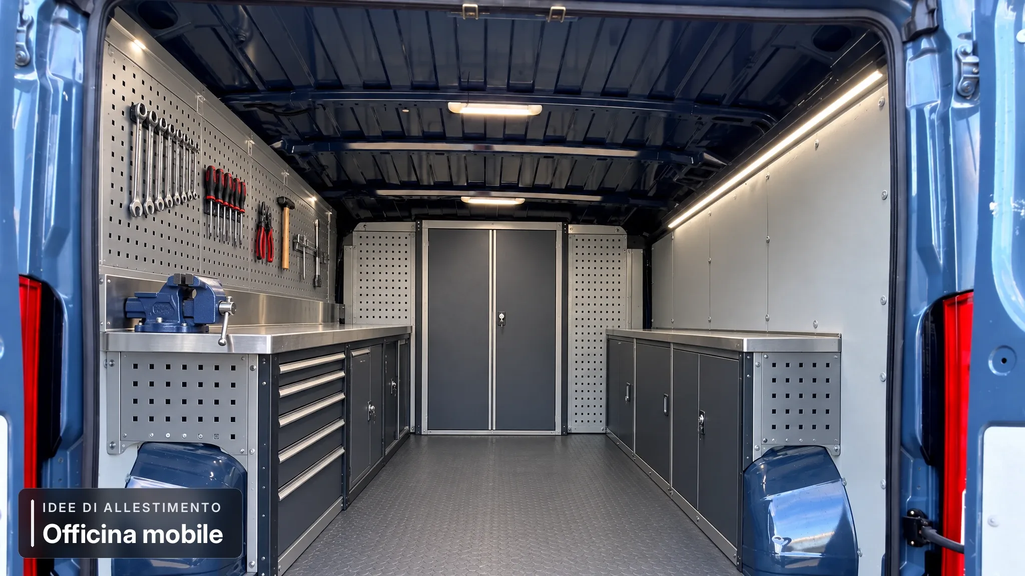 Officina mobile — vano allestito. Simulazione AI di possibile utilizzo del veicolo