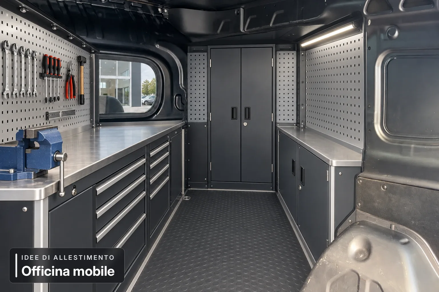 Officina mobile — vano allestito. Simulazione AI di possibile utilizzo del veicolo