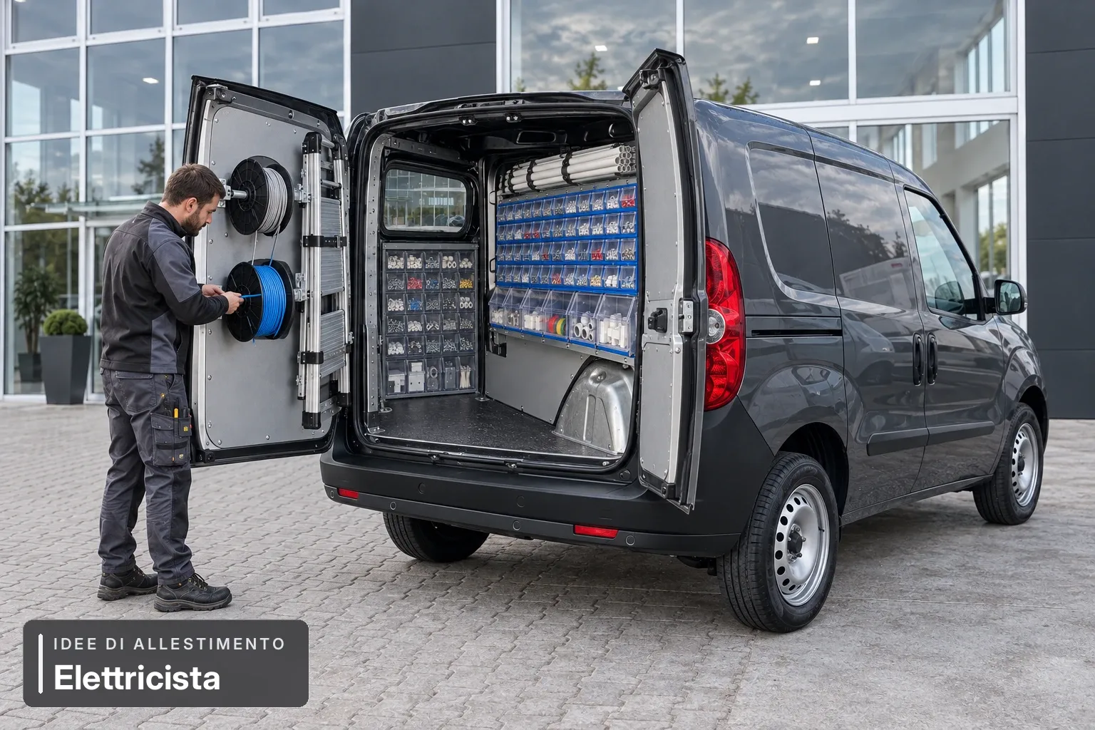 Elettricista — scena di lavoro. Simulazione AI di possibile utilizzo del veicolo