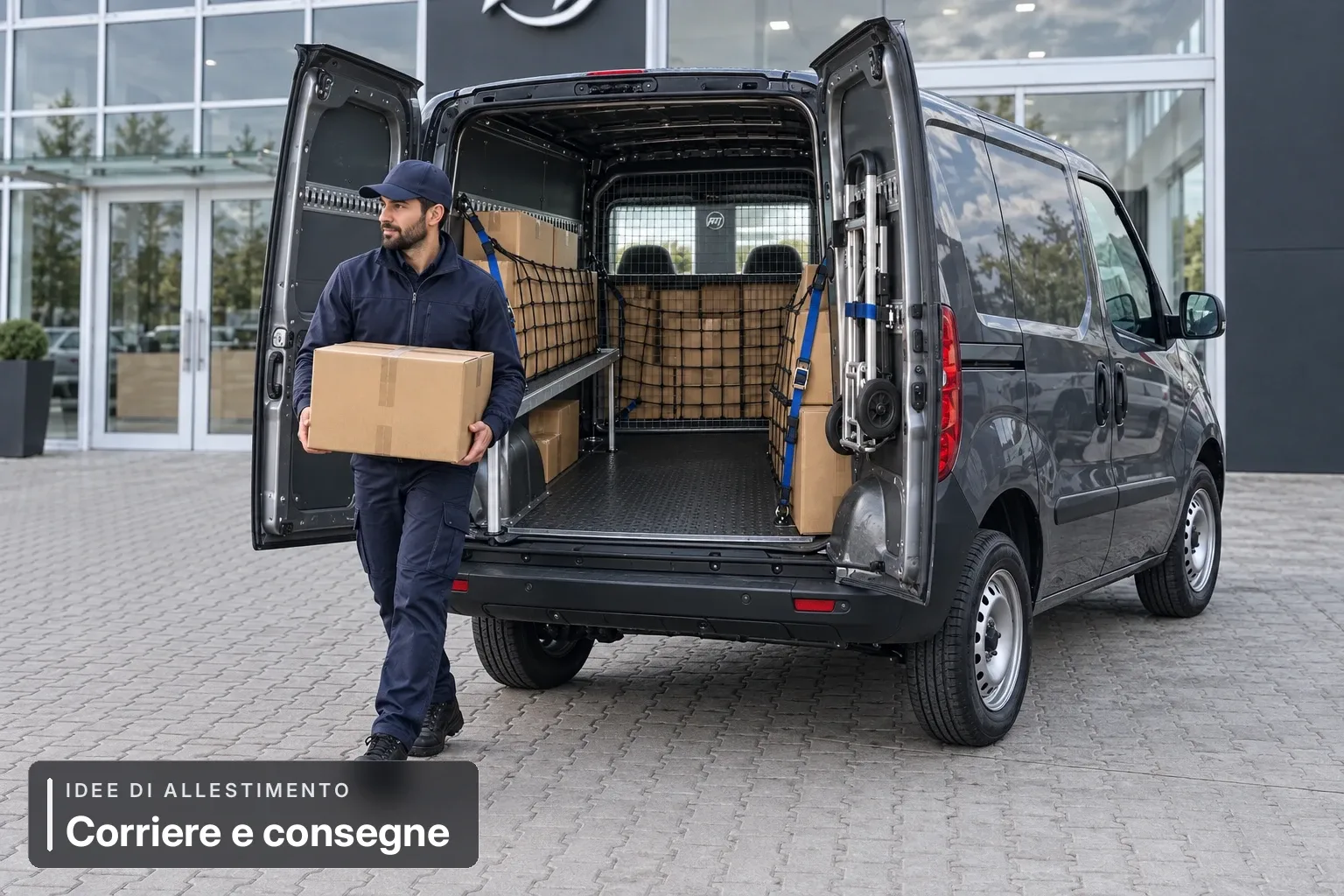 Corriere e consegne — scena di lavoro. Simulazione AI di possibile utilizzo del veicolo
