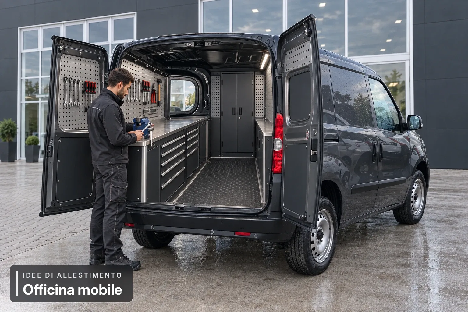 Officina mobile — scena di lavoro. Simulazione AI di possibile utilizzo del veicolo