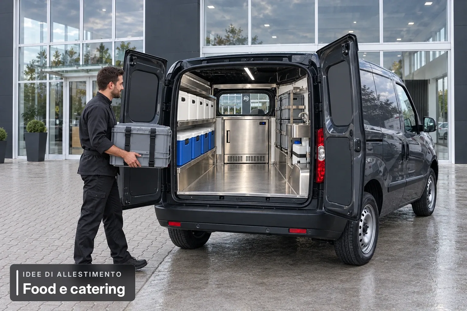 Food e catering — scena di lavoro. Simulazione AI di possibile utilizzo del veicolo